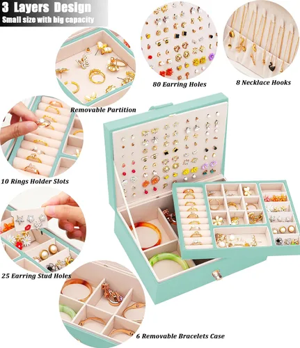 Miniatura 147 de Joyero de pendientes para mujeres y niñas, organizador de aretes de 5 capas, caja organizadora de joyas blanca con candado, collares y aretes