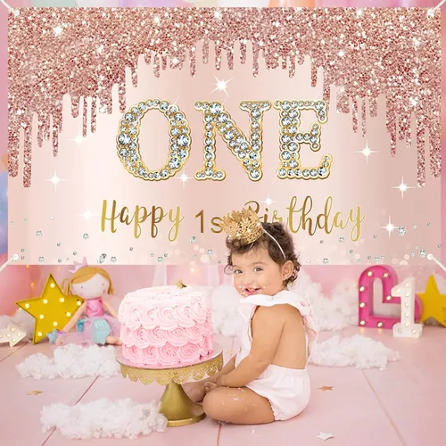 Miniatura 5 de Pancarta y Decoraciones de Fondo de Feliz Primer Cumpleaños para Niñas - Suministros de Letrero de Fiesta de Oro Rosa de 1 Año, Póster de Primer 1st