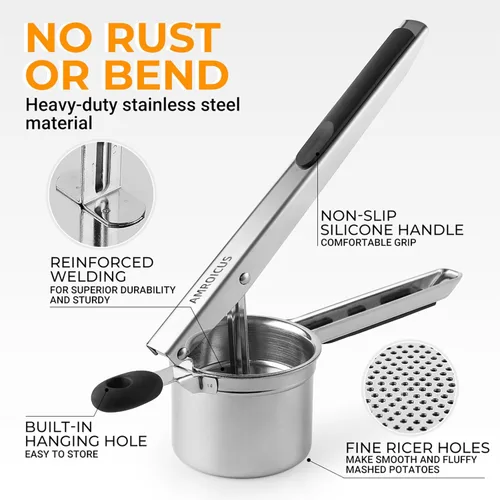 Miniatura 6 de Ricer de patatas de acero inoxidable, triturador de patatas grande de 15oz, herramienta de cocina ricer resistente para puré de patatas perfecto
