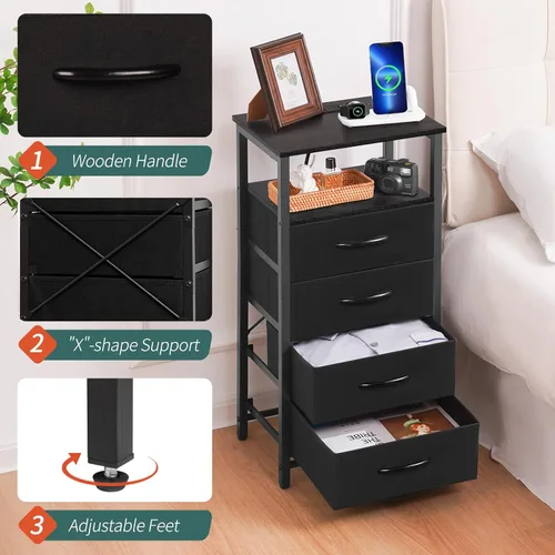 Miniatura 7 de Yoobure - Mesita de noche - Cómoda pequeña para dormitorio, mesita de noche LED negra con estación de carga, mesa de noche con 4 cajones de tela