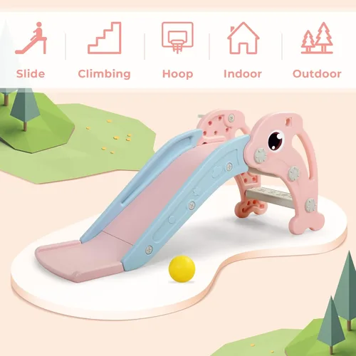 Miniatura 4 de NYEEKOY Tobogán 3 en 1 para niños pequeños, juego de escalador de tobogán para bebés con aro de baloncesto y pelota, parque infantil para interiores