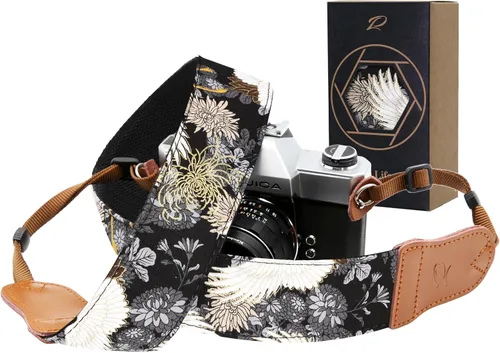 Miniatura 30 de Padwa Lifestyle Correa para cámara de flores marrones, correa de algodón de doble capa de piel de vaca de 2 pulgadas de ancho, bordado jacquard Flor