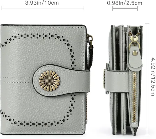 Miniatura 3 de SENDEFN Cartera pequeña de cuero plegable para mujer, con bloqueo RFID y bolsillo para monedas con cremallera, 3-Natural-Gris-2, Compacto