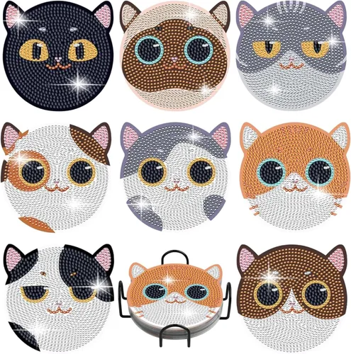 FOWSEEK Posavasos de Pintura de Diamantes, 8 PCS Posavasos de Arte de Diamante de Gato con Soporte, Lindos Kits de Pintura de Diamantes para Adultos
