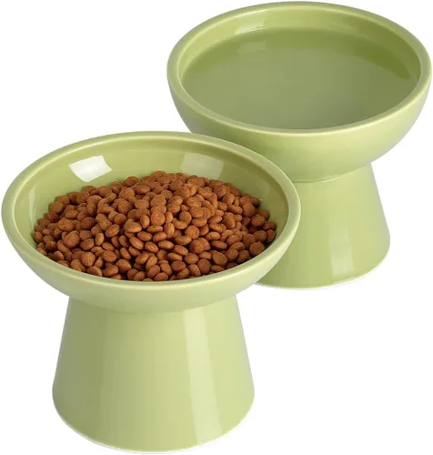 LoeJan Juego de cuencos elevados de comida y agua para gatos, comedero de cerámica extra ancho y elevado, cuenco de alimentación a presión Verde