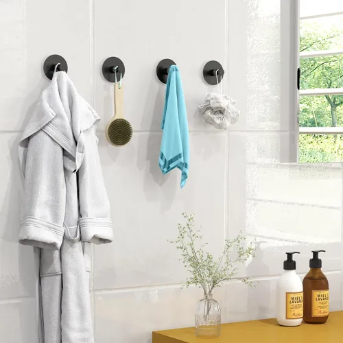 Miniatura 4 de STWWO Ganchos Adhesivos para Paredes Sin Daños 4 Piezas, Ganchos para Toallas de Aluminio Resistente con Adhesivo Fuerte para Baños para Ducha Negro