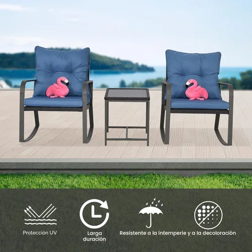 Miniatura 7 de Juego de muebles de patio bistró de 3 piezas, mesa de patio y juego de sillas de columpio de ratán para exteriores de 2 piezas, juego de Azul