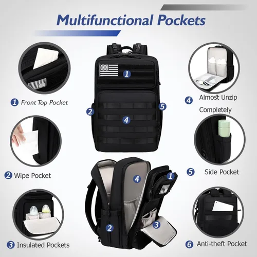Miniatura 5 de LORADI Bolsa de pañales para papá con bolsillos aislados, clips para cochecito y funda de equipaje para viajes, bolsa táctica grande para pañales