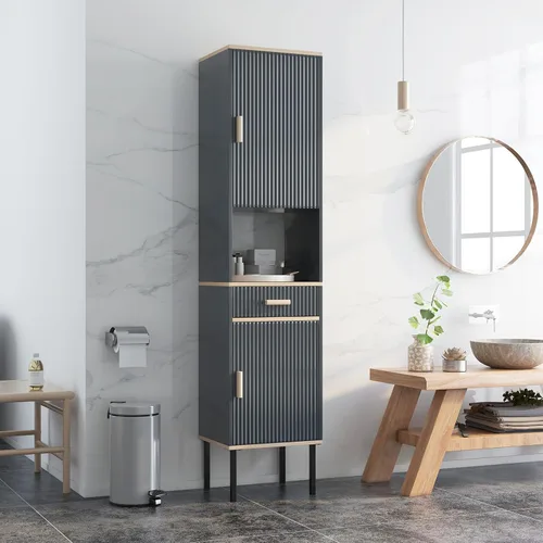 Miniatura 2 de Tangkula Armario alto de baño, armario de almacenamiento independiente con puertas gabinete, compartimento abierto y cajón, torre estrecha
