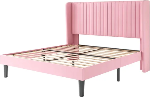 Miniatura 9 de SHA CERLIN Base de cama de terciopelo de tamaño matrimonial con cabecera capitoné de canal vertical, plataforma tapizada con listones de madera,
