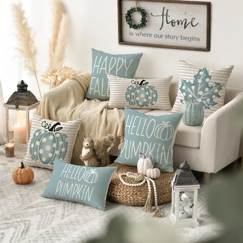 Miniatura 2 de AVOIN colorlife Juego de 4 fundas de almohada con texto en inglés "Happy Fall Hello Pumpkin", 18 x 18 pulgadas, cosecha de Acción de Gracias