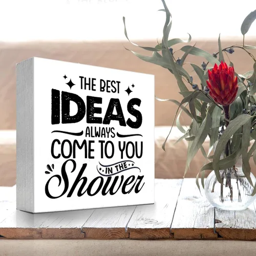 Miniatura 4 de z-crange Letrero de madera con texto en inglés «The Best Ideas Always Come to You in The Shower » para decoración de escritorio, divertido letrero