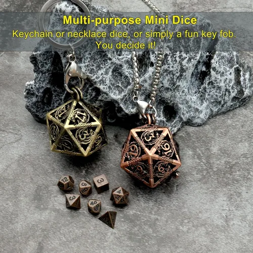 Miniatura 2 de Haxtec Mini Juego de Dados de Metal DND con Estuche de Cuello Hueco Juego de Dados de Metal Pequeños Antiguos Juego de Llaveros D&D Portátil Juego