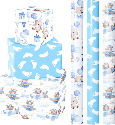 WRAPAHOLIC Papel de regalo de oso para baby shower, mini rollo, 3 rollos, 17 x 120 pulgadas, diseño de oso de aventura en avión y fiesta para baby