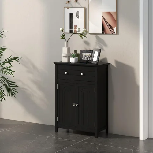 Miniatura 4 de COSTWAY Armario de suelo de baño, organizador de almacenamiento lateral de madera con cajón más grande, estante ajustable y armario de 2 puertas
