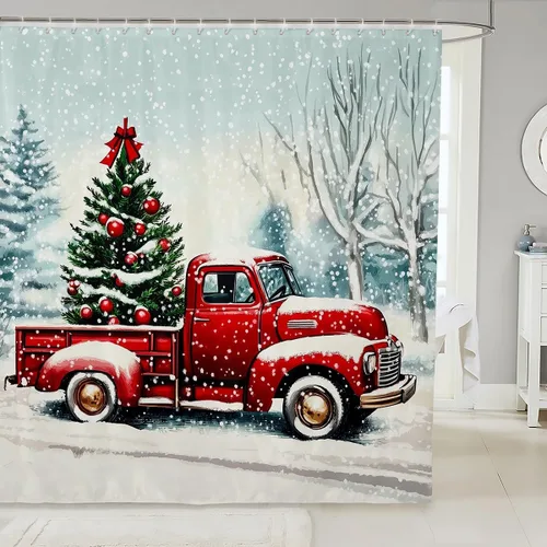 Miniatura 24 de Homewish Cortina de ducha de árbol de Navidad, juego de cortina de ducha de baño con diseño de copo de nieve dorado para niños y adultos, cortina