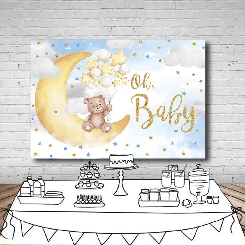Miniatura 4 de MEHOFOND Telón de fondo azul para baby shower de 7 x 5 pies para niñas, recién nacido, bebé está en camino, fondo de fotografía, luna, nube