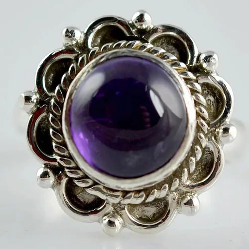 Miniatura 4 de Navya Craft Anillo de amatista, plata de ley 925, anillo de promesa para mujer, piedra preciosa redonda de amatista natural, joyería hecha a mano