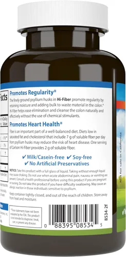 Miniatura 3 de Carlson - Hi-Fiber, 0.11 oz, Cápsulas de cáscara de psyllium, regularidad, salud del colon y función cardíaca, 100 cápsulas