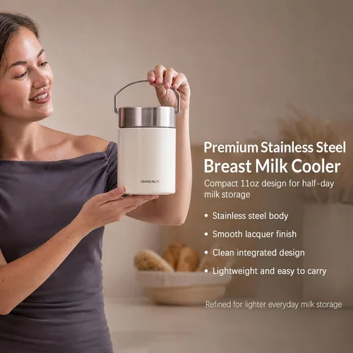 Enfriador de leche materna de acero inoxidable de 11 onzas, anillo de gel refrescante de 360°, almacenamiento en frío de 14 horas, botella de 11