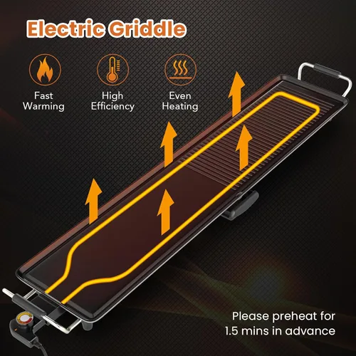 Miniatura 6 de COSTWAY Plancha Eléctrica de 39.5", Parrilla Teppanyaki Extragrande con 2 Superficies Antiadherentes, Temperatura Ajustable, Asas Aisladas y Bandeja