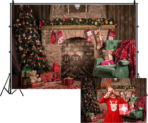 Miniatura 7 de Renaiss Fondo de chimenea de Navidad de 5 x 3 pies, cajas de regalo de árbol de Navidad retro marrón con purpurina, fondo de fotografía de Feliz