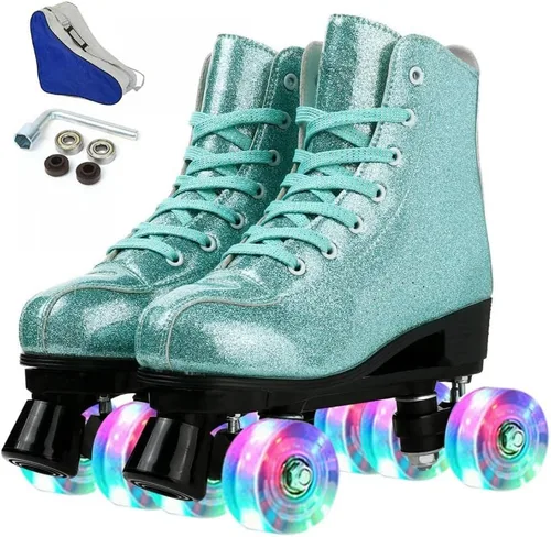XUDREZ Patines de ruedas para mujeres, patines de alta calidad holográficos de cuero de poliuretano, patines brillantes de doble fila de cuatro