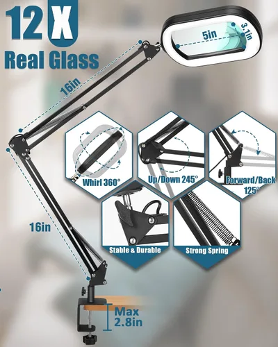 Miniatura 6 de 12 lupas con luz y soporte, lente rectangular de vidrio real, brazo giratorio grande de 2 x 16 pulgadas, lámpara de escritorio con abrazadera