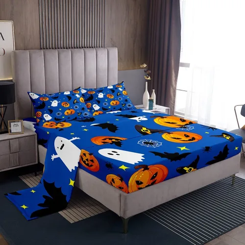 Miniatura 14 de Manfei Juego de sábanas de Halloween tamaño individual, juego de ropa de cama de farol de calabaza fantasmas para niños y niñas, decoración