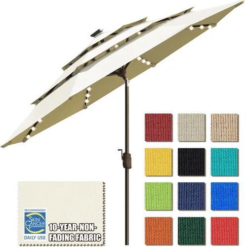 EliteShade USA - Sombrilla solar de 9 pies / 2.74 metros, de 3 niveles, con 10 años sin decoloración, 80 luces LED para patio, mesa al aire libre,