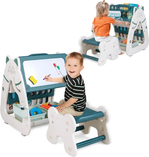 Costzon Caballete de arte 3 en 1 para niños, pizarra magnética de borrado en seco de doble cara y estante para libros para niños con silla y