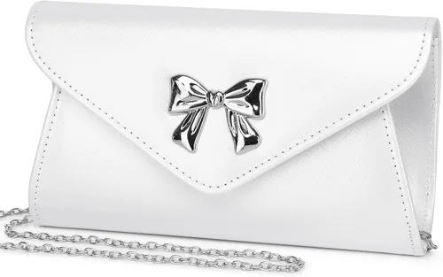 Miniatura 9 de Gurina Bolso de mano de noche con detalle de lazo, elegante bolsa de fiesta de piel sintética brillante con cadena desmontable para boda y baile