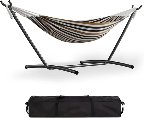 Miniatura 12 de GarveeLife Hamaca doble para 2 personas, hamaca de pie para interiores y exteriores con soporte de acero que ahorra espacio, bolsa de transporte