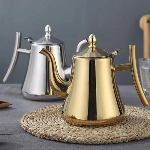 Miniatura 2 de HOKY Hervidor de agua de acero inoxidable 1L1.5L, tetera más gruesa con filtro, tetera de hotel, cafetera de inducción, hervidor de té dorado