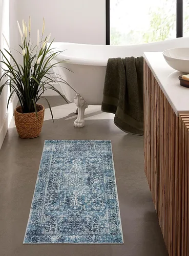 Miniatura 4 de Morebes Alfombra Bohemia Azul para Baño 2x4.3 pies, Alfombra de Pasillo Lavable Antideslizante Tapete de Baño Suave, Alfombras de Piso