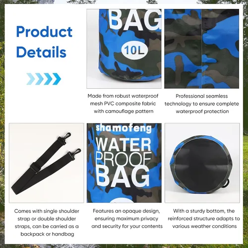 Miniatura 5 de Bolsa seca impermeable de 5L/10L/15L/20L/30L Mochila de almacenamiento en seco con funda para teléfono, botella de agua plegable, gafas de sol, Azul