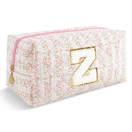 Miniatura 48 de Pequeña bolsa de maquillaje personalizada con inicial A-Z Preppy Patch, bolsa de cosméticos de viaje de felpilla blanca con cremallera, bonita bolsa