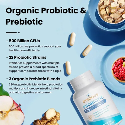 Miniatura 4 de Probióticos para mujeres y hombres, 500 mil millones de UFC, 22 cepas + prebióticos orgánicos, probióticos diarios para la salud digestiva, inmune e