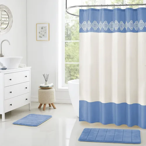 Miniatura 14 de Juego de cortina de ducha de baño de 15 piezas con alfombras de baño de espuma viscoelástica. 2 tapetes de baño antideslizantes de diseño moderno