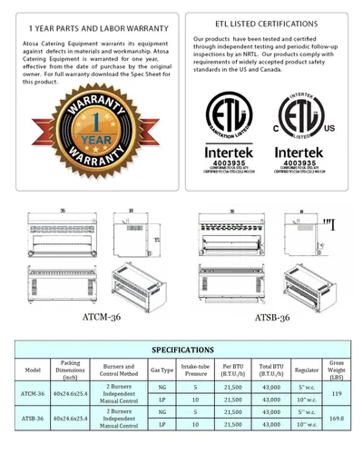 Miniatura 5 de Atosa CookRite ATSB-36 - Asador de salamandra de gas fundido de alta resistencia de 36 pulgadas para parrilla, comedor, acero inoxidable, 2