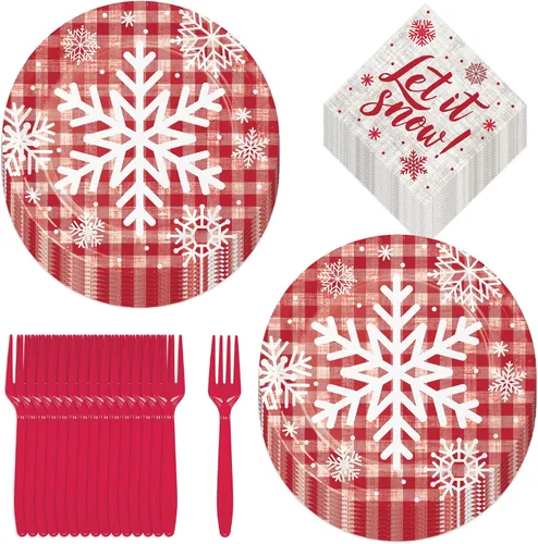 Miniatura 15 de Suministros para fiestas navideñas - Platos de postre de papel, servilletas para bebidas y tenedores de aldea navideña de invierno (para 16 personas)