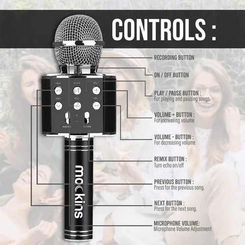 Miniatura 5 de Mockins Micrófono de Karaoke Bluetooth Negro para Niños con Altavoz Bluetooth Integrado Micrófono Inalámbrico de Karaoke Compatible con iPhone