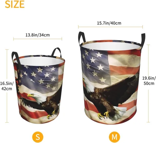 Miniatura 5 de Cesta circular con estampado de bandera estadounidense con águila moscada, impermeable, cesta organizadora de lavandería, con asas, para ropa
