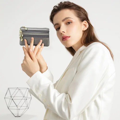 Miniatura 2 de imeetu Monedero para mujer, monedero de cuero genuino con cremallera, pequeño monedero con llavero, Gris claro, 5.1 x 3.35 x 0.59 inches, Monedero