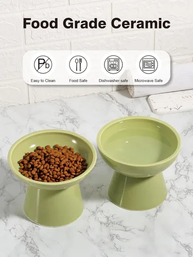 Miniatura 7 de LoeJan Juego de cuencos elevados de comida y agua para gatos, comedero de cerámica extra ancho y elevado, cuenco de alimentación a presión Verde