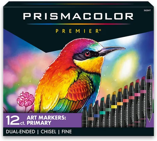 Prismacolor Premier - Marcadores artísticos de doble punta, punta de cincel y puntas finas, colores primarios, 12 unidades, suministros de arte,