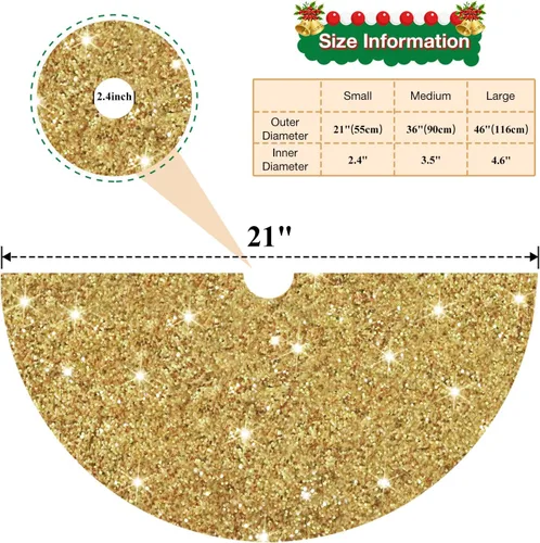 Miniatura 2 de Faldón para árbol de Navidad con lentejuelas doradas brillantes de 21 pulgadas, faldón de terciopelo con lentejuelas para árboles delgados, collar