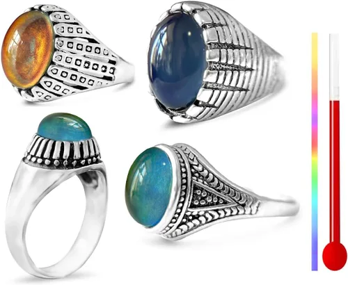 THJEW Juego de 4 anillos de piedras preciosas naturales retro, juego de anillos de piedra real chapados en plata gruesa, regalo de joyería para