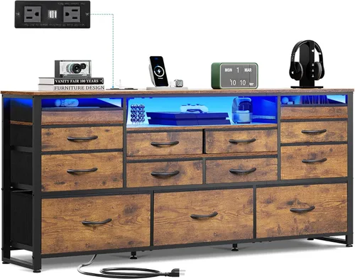 Miniatura 16 de WLIVE Soporte de TV negro para TV de 50, 55, 65 pulgadas, centro de entretenimiento con luces LED y estación de carga, cómoda con 8 cajones de tela