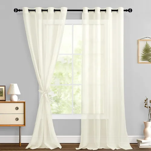 Miniatura 82 de Hiasan - Cortinas traslúcidas de gasa cortas semitransparentes con ojales y alzapaños filtrantes de luz para ventana, dormitorio, baño, 2 paneles